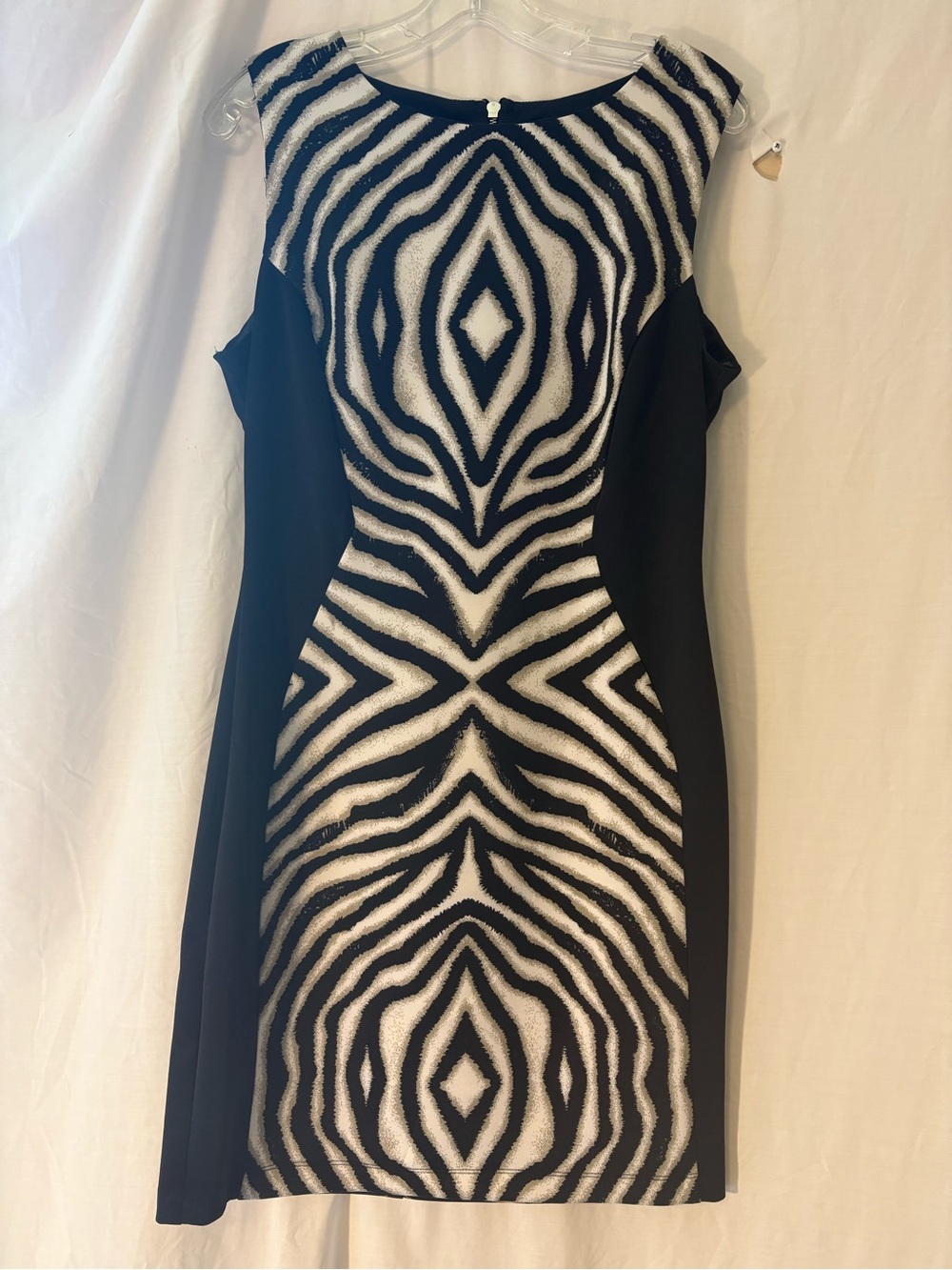 Bisou Bisou Black,White and Tan Geometric Midi Sheath Dress